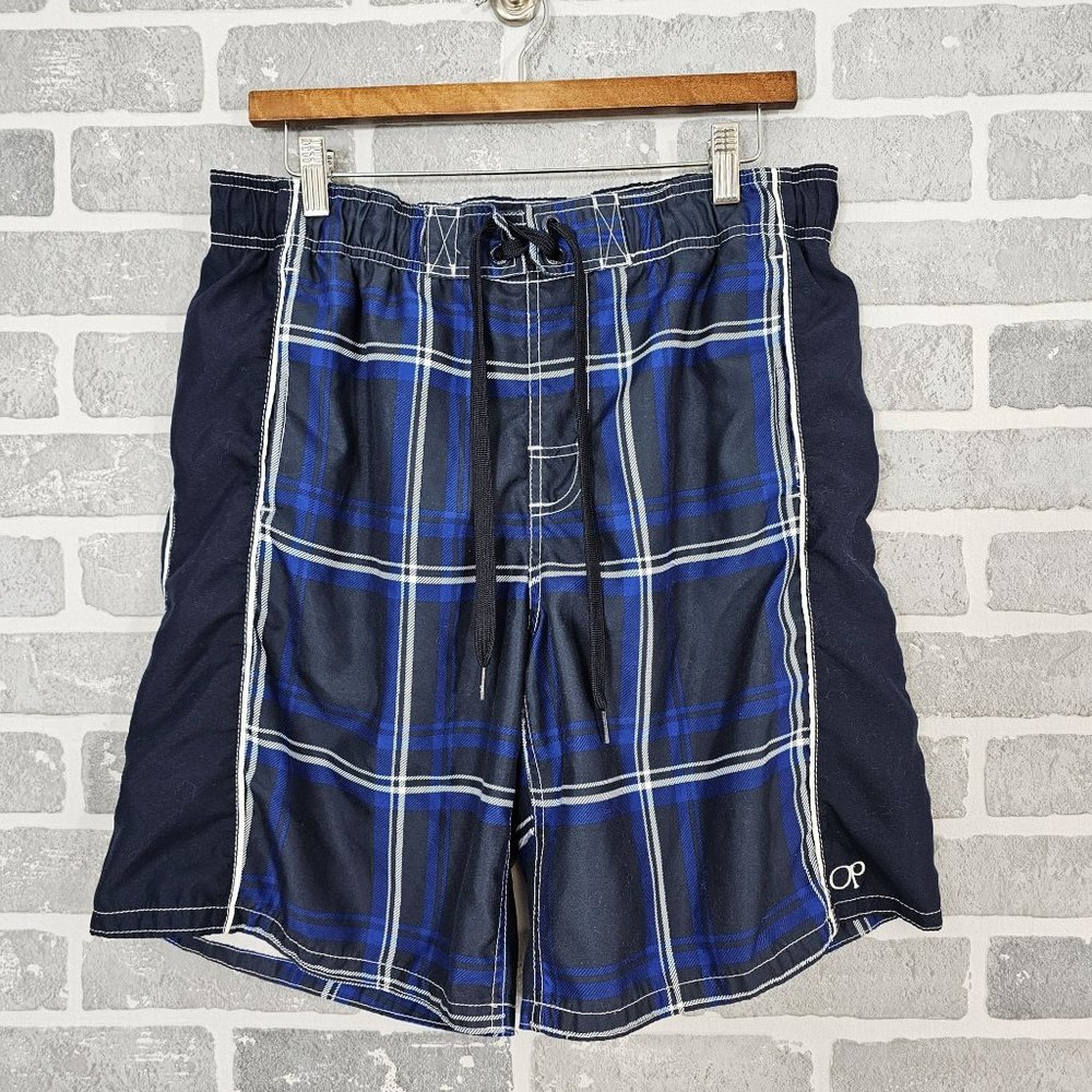 Ocean Pacific Blue Black Plaid Mens Size M Lined Swim‎ Trunks Beach Vacation